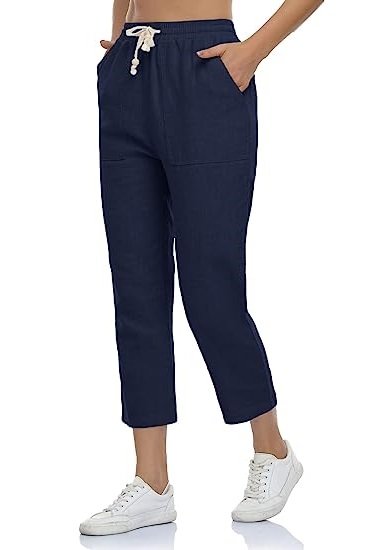 Women's Linen Trousers, Drawstring 4 Pocket High Waist Slip-On