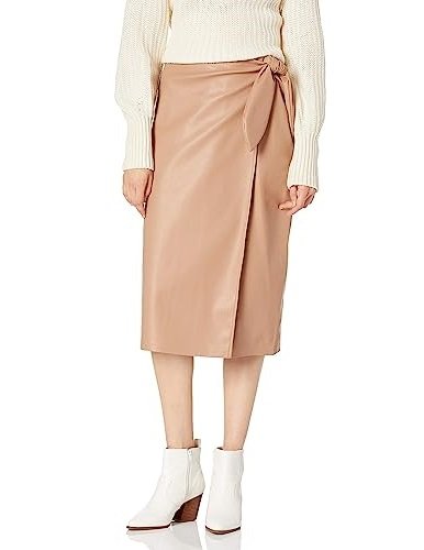Women's Vegan Leather Wrap Front Midi Skirt