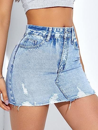 Women's Casual Ripped Jean Skirt High Waist Raw Hem Mini Denim Skirts