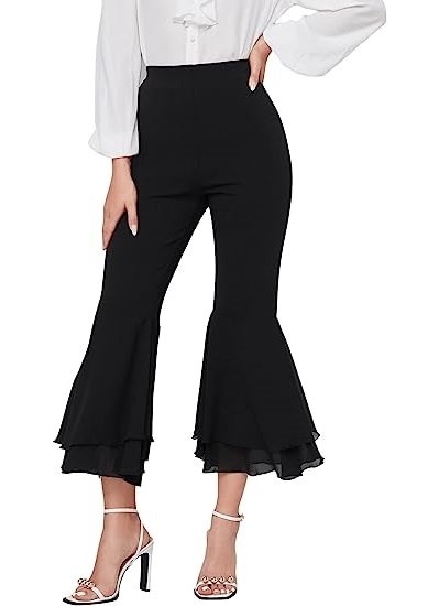 Women's Elastic Waist Layered Ruffle Flare Bell Cropped Pant