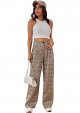 Women's Casual Plaid Print Pants High Waist Wide Leg Pleated Trouser Pants